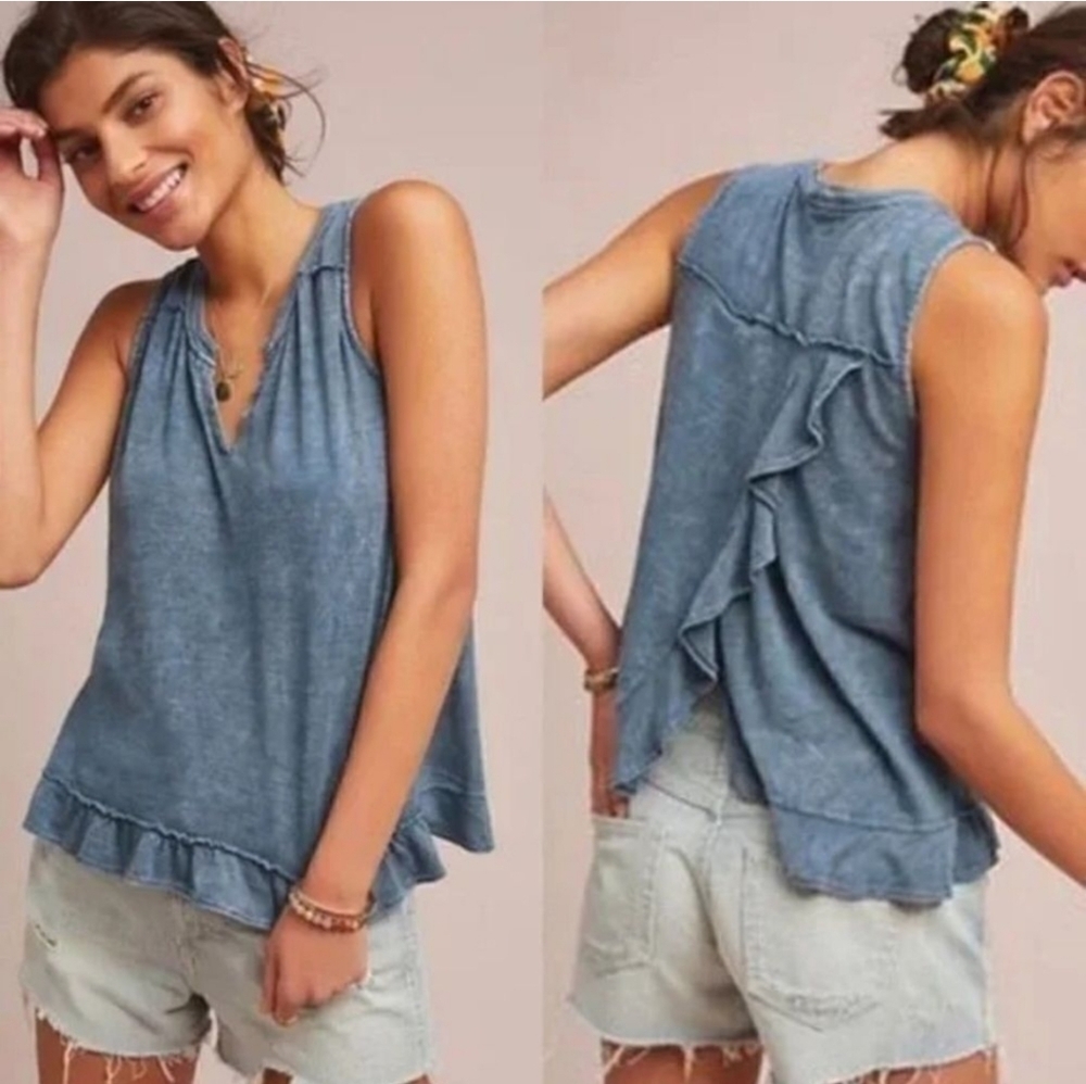 MAEVE Anthro ruffle open back tank top faded blue sleeveless split blouse Sz XS